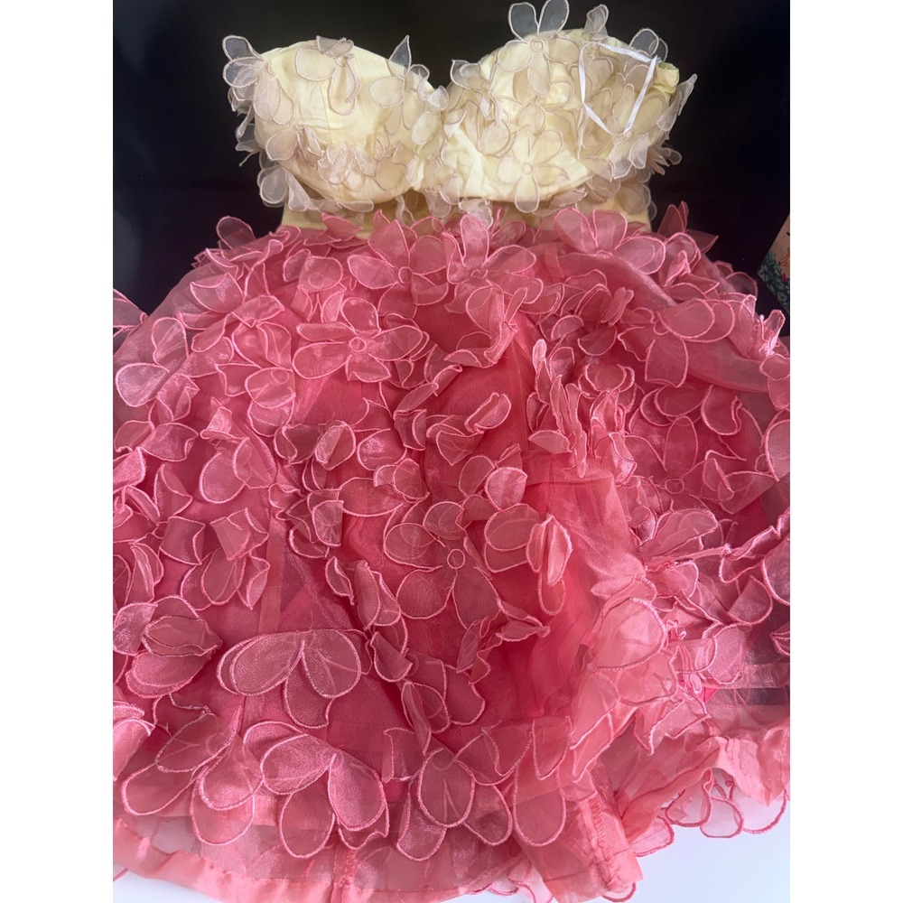 Minuet Pink Yellow 3D Floral Applique Strapless Mini Dress Small SweetheartPARTY